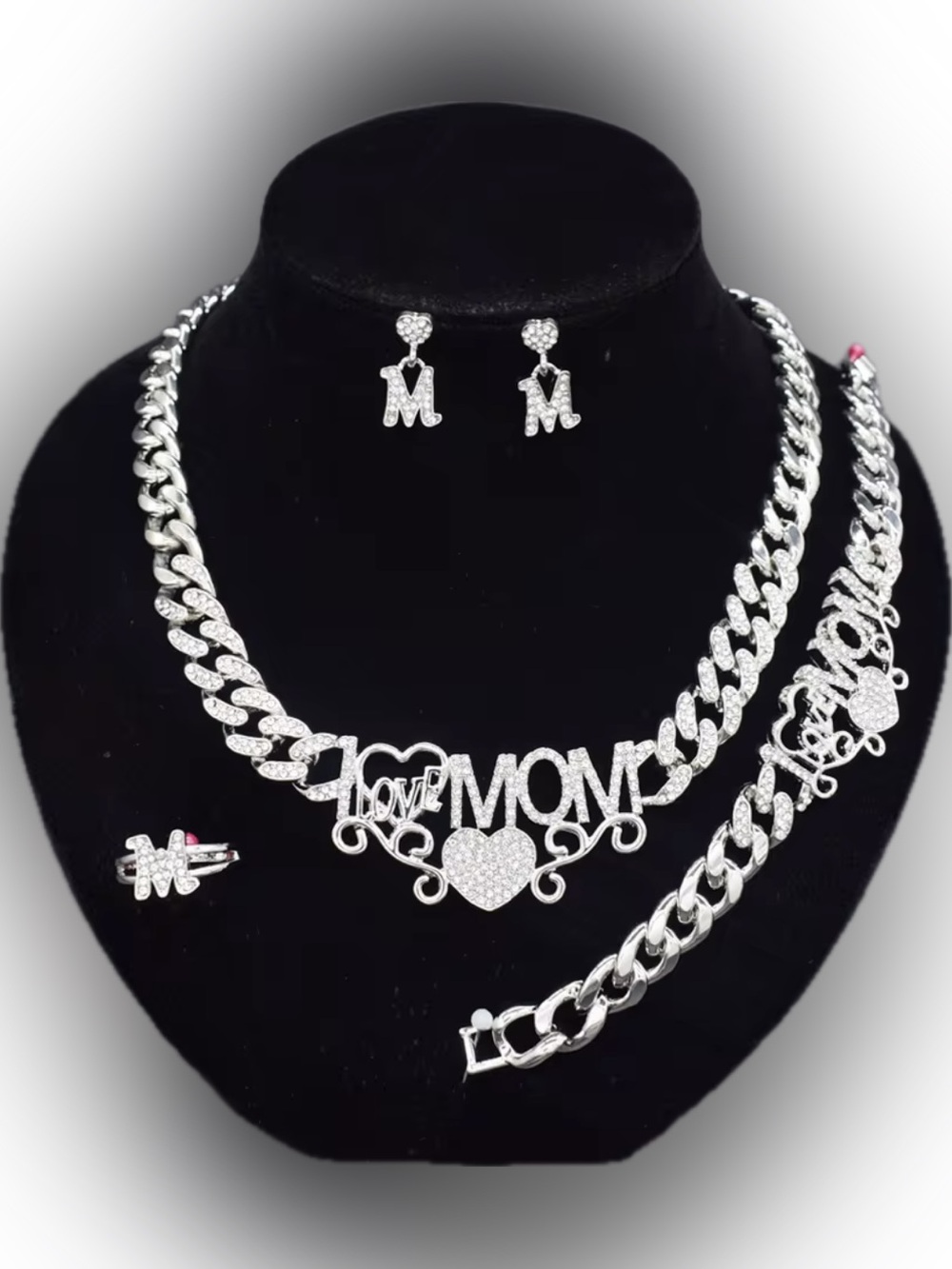 New! Unworn! High Quality Silver Cuban Link Mom Jewelry Set, Necklace, Bracelet,